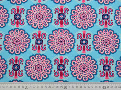 Jersey Ornamente gro�e Blumen, t�rkis pink