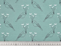 Bio-Jersey V�gel Blumen, dunkelmint wei�