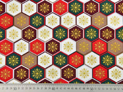 Baumwollstoff goldene Eiskristalle auf bunten Sechsecken