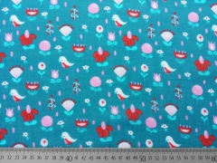 Baumwollstoff Voile V�gel & Blumen, rosa rot petrol