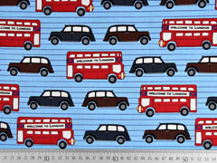 Baumwollstoff London Bus Taxi, rot blau
