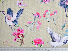 Dekostoff Half Panama Digitaldruck Kraniche Blumen, beige