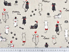 Leinenlook Dekostoff Katzen, schwarz rot natur