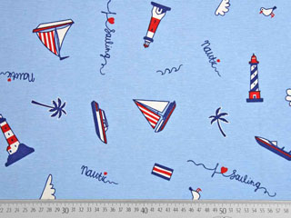 Dekostoff Boote Leuchtt�rme, rot wei� hellblau