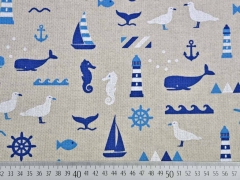Leinenlook maritime Motive, blau auf natur