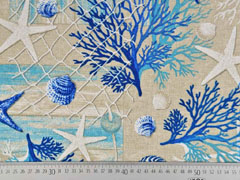 Dekostoff Leinenlook Seesterne Korallen Muscheln, blau natur