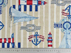 Dekostoff Leinenlook Streifen Segelboote Leuchtt�rme, rot blau natur