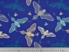 Jersey V�gel, beige/hellgrau auf mittelblau