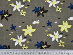 Musselin Double Gauze Blumen, gelb blau auf taupe