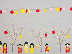 Baumwollstoff kleine Geisha & Freunde Bord�re, taupe