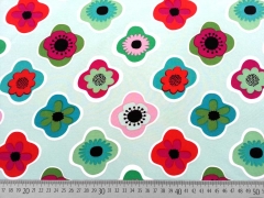 RESTST�CK 108 cm Softshell Stoff Retro-Bl�ten, bunt auf mint