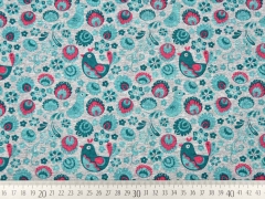 Jersey V�gel & Blumen, petrol/hellgrau melange