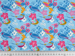 Baumwollstoff V�gel Blumen, hellblau