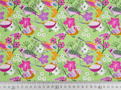 Baumwollstoff V�gel Blumen, hellgr�n