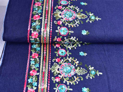Stretchjeansstoff bunte Stickerei India Blumen, dunkelblau
