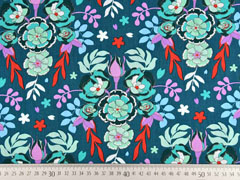 Baumwollstoff Blumen Knospen Bl�tter, hellmint petrol