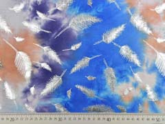 Jersey Batiklook silberne Glitzerfedern, blau orange lila