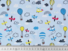 Baumwollstoff Hei�luftballons Flugzeuge Wolken, gelb rot hellblau