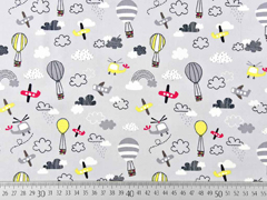 Baumwollstoff Hei�luftballons Flugzeuge Wolken, rot gelb hellgrau