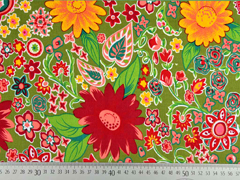 Feincord Blumen Bl�tter, rot gelb schilfgr�n