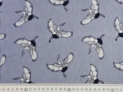 Elastische Baumwolle Streifen Kraniche, wei� dunkelblau