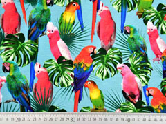 Jersey Digitaldruck Papageien Palmbl�tter, jeansblau