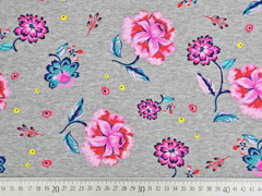 Sweatshirtstoff Blumen angeraut, hellgrau meliert