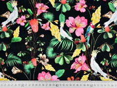 Jersey Digitaldruck tropische V�gel Blumen, bunt schwarz