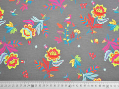 Jersey Blumen Bl�tter V�gel, bunt taupe