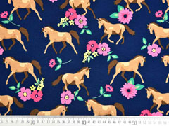 Jersey Pferde Blumen, beige dunkelblau