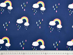 Softshell Stoff  Regenbogen Tropfen Wolken, dunkelblau