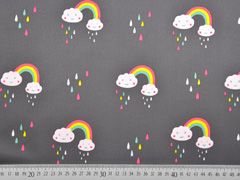 Softshell Stoff  Regenbogen Tropfen Wolken, grau