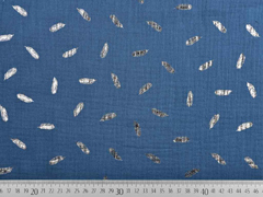 Musselin Double Gauze Federn Kupfer metallic, jeansblau