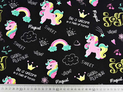 Sweatstoff French Terry Einh�rner Regenb�gen, schwarz