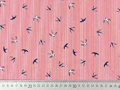 Baumwollstoff Streifen Schwalben, rot