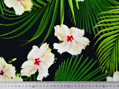 Jersey Hibiskus Bl�ten Bl�tter Digitaldruck, weiss gr�n schwarz