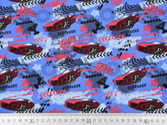 French Terry Sweat Rennautos, mittelblau