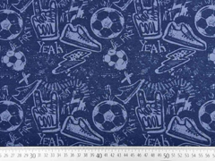 Sweatstoff Fu�ball Turnschuhe Schriften, jeansblau dunkelblau