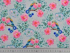 Softshell Stoff V�gel Rosen Bl�tter Zweige, pink mint