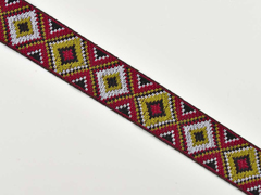 Jacquardband Ethnomuster Rauten 25mm, weinrot khaki schwarz