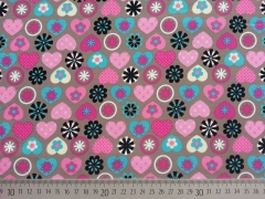 Baumwolle Herzen & Blumen, taupe/pink