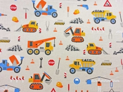 Leinenlook Baustellenfahrzeuge, natur/bunt