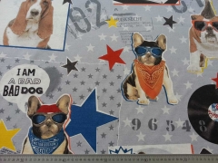 Dekostoff I am a bad Dog - grau/bunt