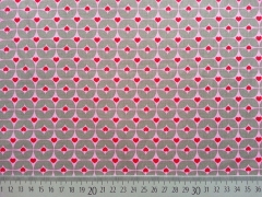 Popelin Herzchen & Rauten,  rot/rosa auf grau