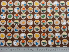 Baumwollstoff bunte Pilze Kreise, braun