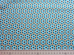 RESTST�CK 74 cm Baumwollstoff Sterne auf Sechseck, hellt�rkis auf beige