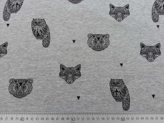 Sweatstoff Eulen F�chse B�ren, schwarz auf grau melange