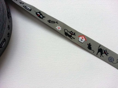 Webband 2cm Katzen, schwarz auf grau