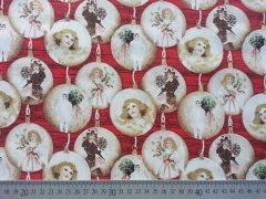 Baumwollstoff Weihnachtskugeln Retrolook, gold auf rot