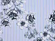 Baumwolle Streifen Blumenzweige bleu-weiss schwarz